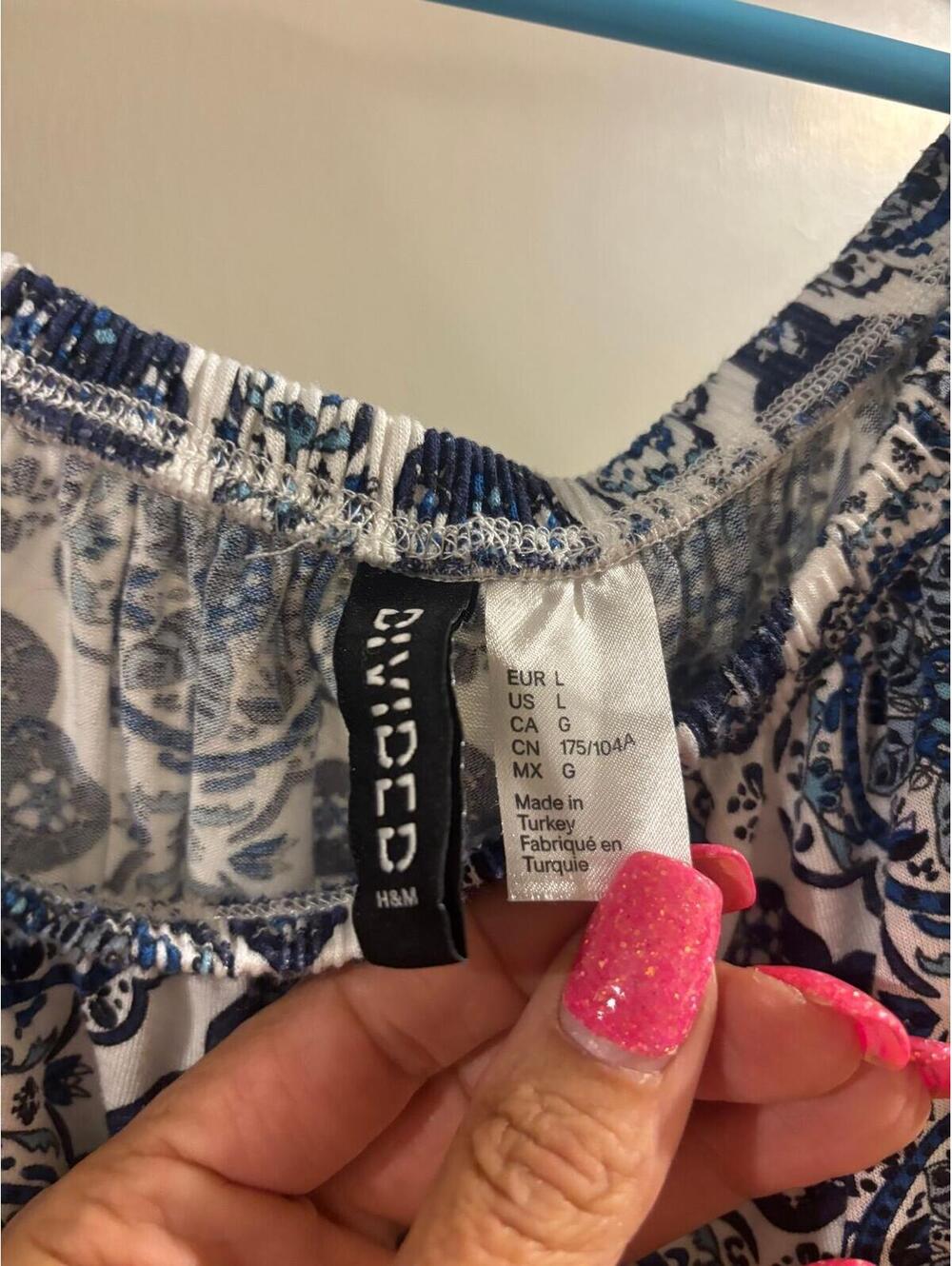 Blue & White Boho Peasant Crop Top H&M Size L - Picture 3 of 6
